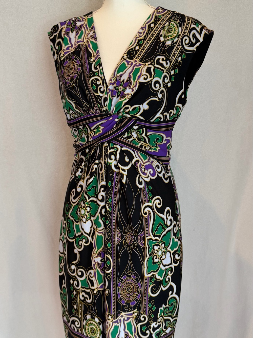 Cache Black Midi Dress with Green & Purple Print
